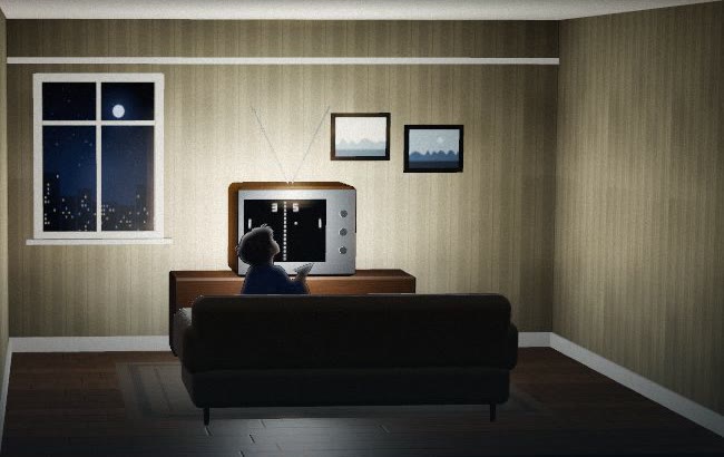 A child on a couch in a dark room, lit by the television