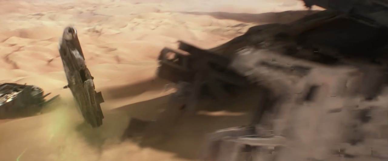 The Millennium Falcon over the desert of Jakku in Star Wars: The Force Awakens (2015)